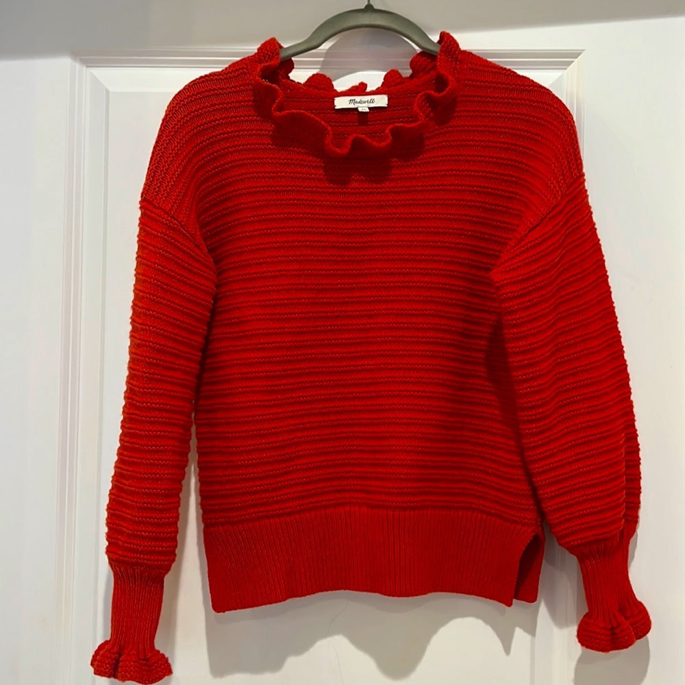 Madewell Red Crew Sweater - ruffle at neck